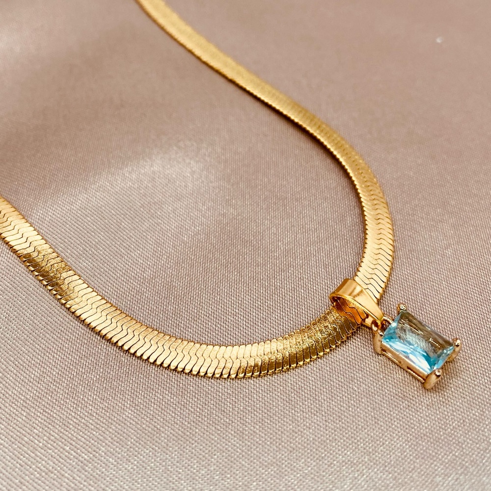18K Gold Baguette Aquamarine Blue CZ Pendant Snake Chain Necklace